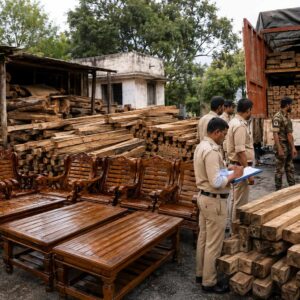 वन विभाग का बड़ा एक्शन: सरपंच पति के ठिकानों से सागौन-खम्हार की लकड़ियों से बने सामान की जब्ती